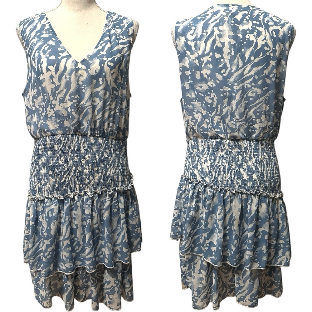 Entro Blue White‎ Abstract Print Smocked Tiered Midi Dress Women's M Boho Summer